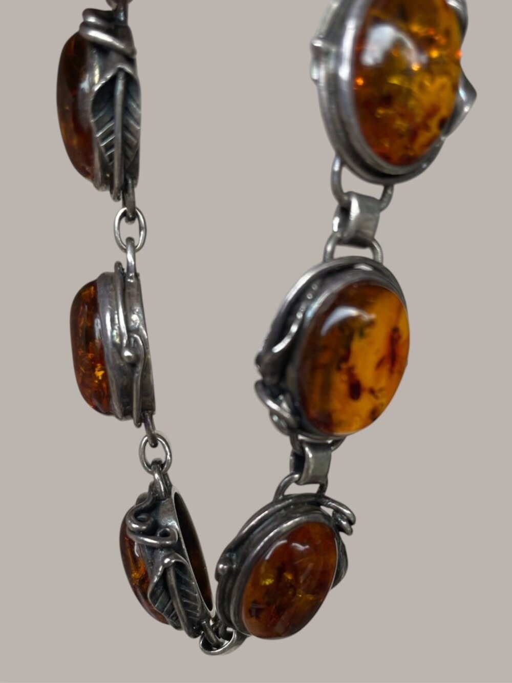 Sterling Silver Vintage Amber Link Bracelet - Picture 3 of 5